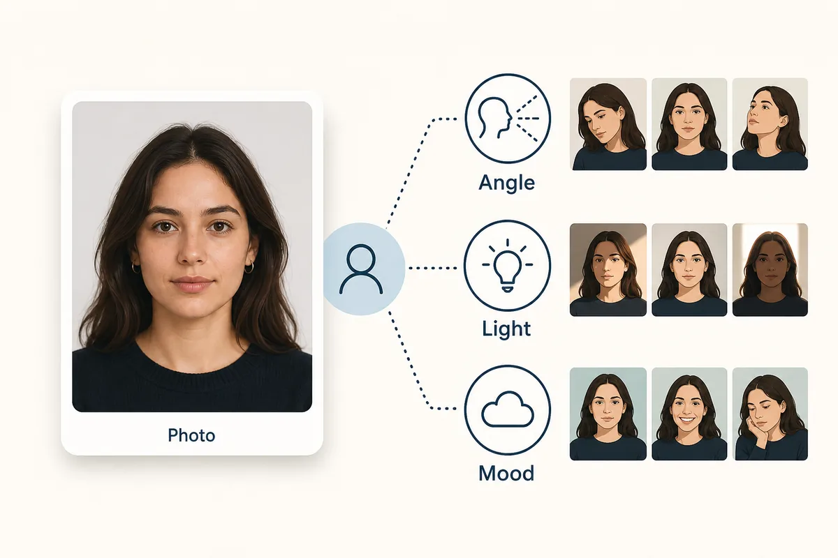 Editorial illustration showing photo angle, light, and mood variables behind an am I ugly test result