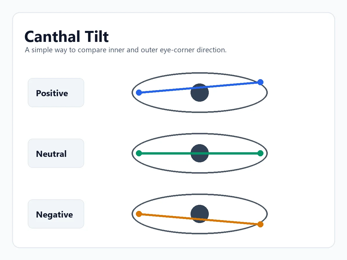 Simple diagram comparing positive, neutral, and negative canthal tilt eye lines