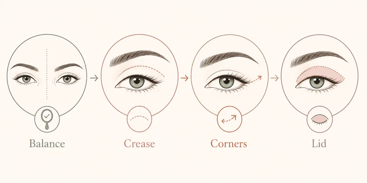 Step-flow illustration showing balance, crease, outer corners, and lid space checks for eye shape