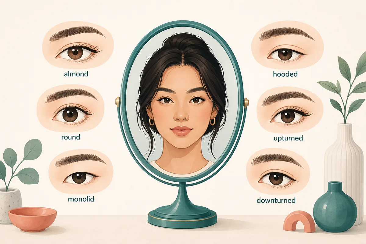 Editorial illustration comparing almond, round, monolid, hooded, upturned, and downturned eye shapes around a mirror