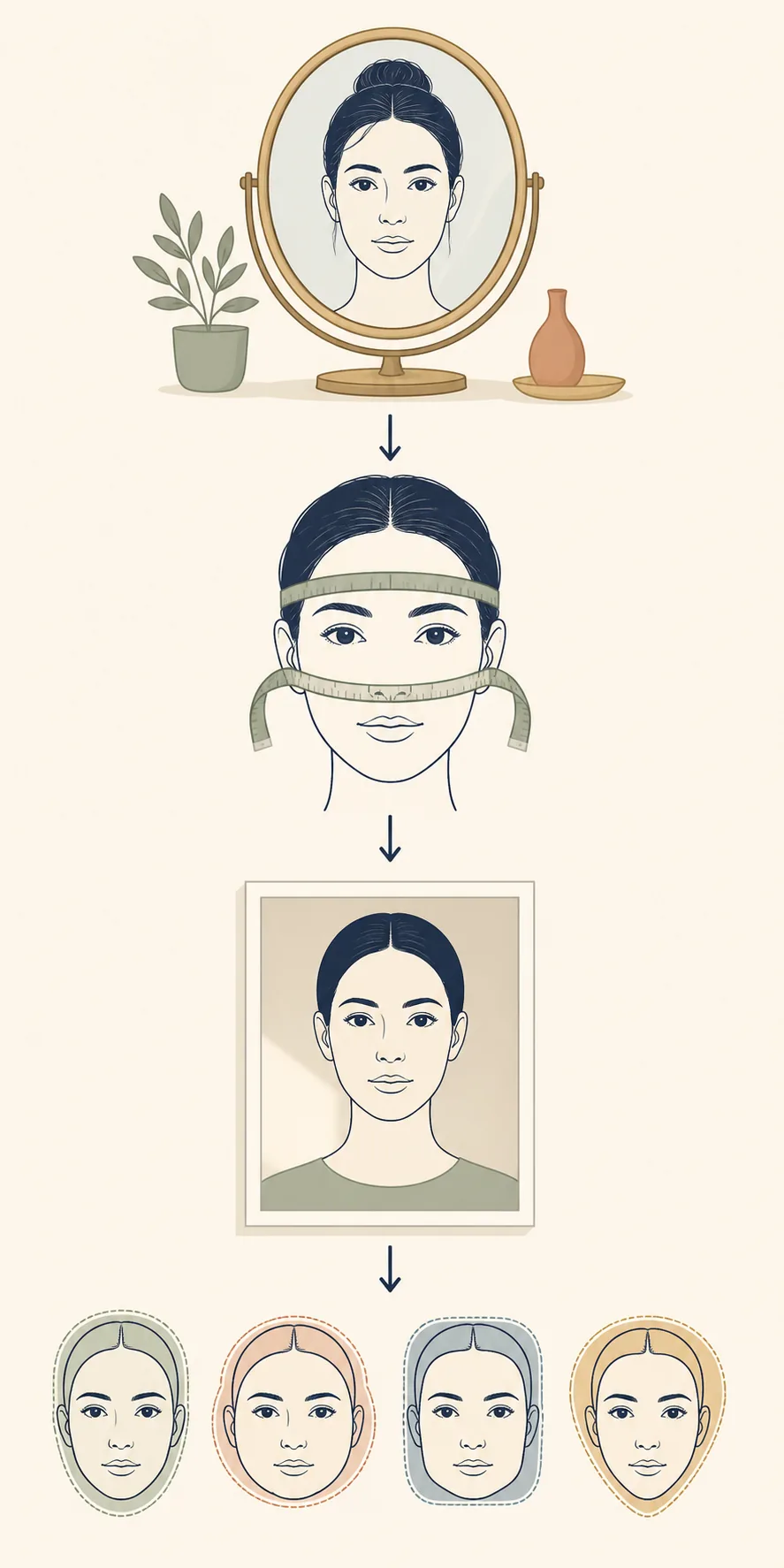 Editorial workflow showing a mirror, facial measurements, a straight-on photo, and contour comparison
