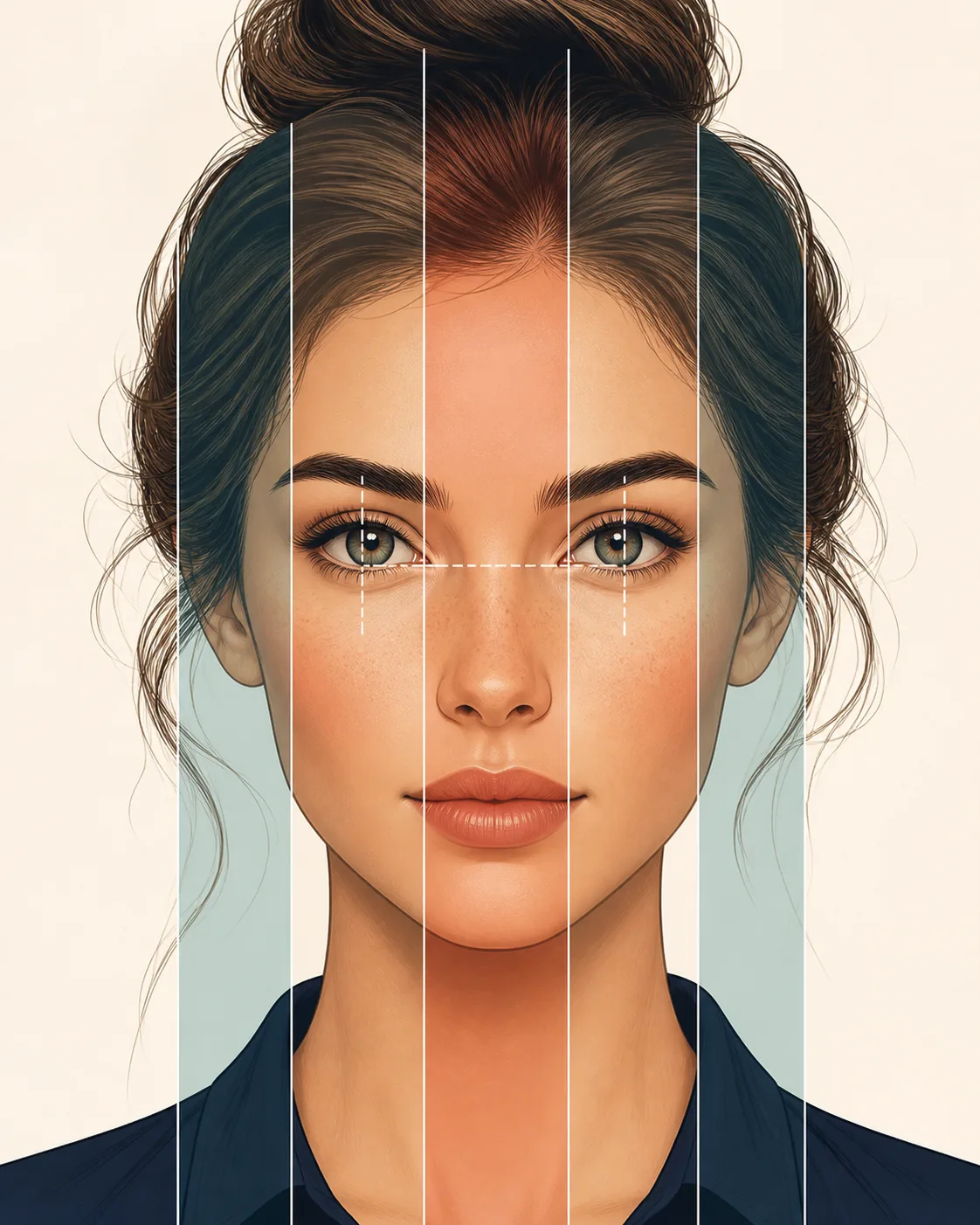 Illustrated front-facing portrait with five vertical facial fifths guide bands and eye-spacing lines