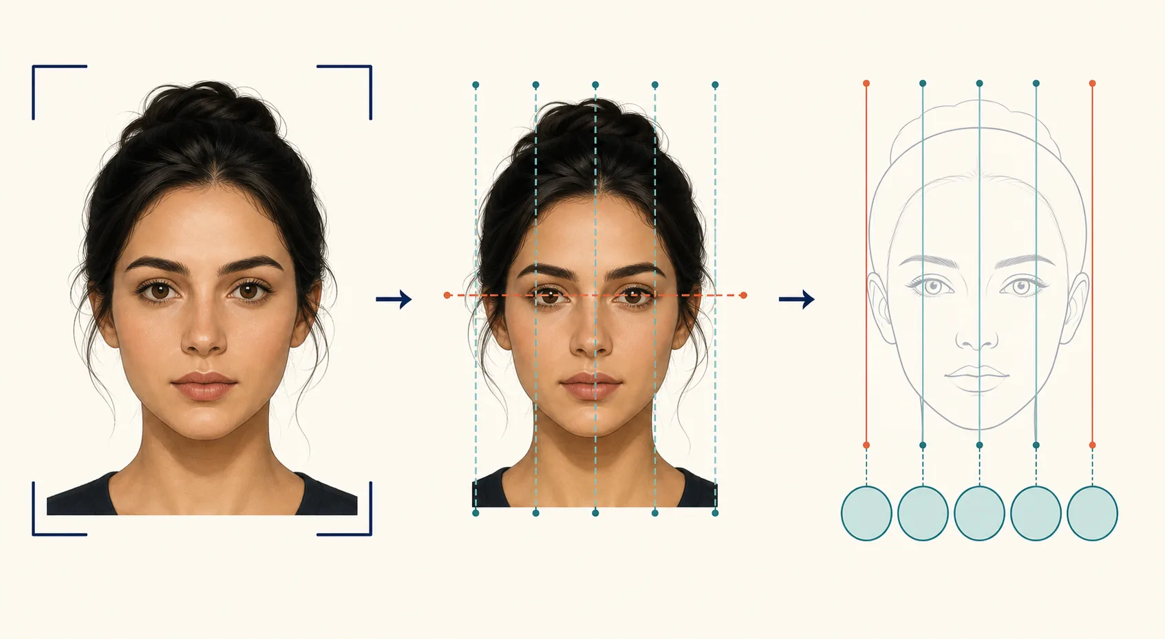 Three-stage illustrated workflow showing a portrait, guide lines, and five facial sections