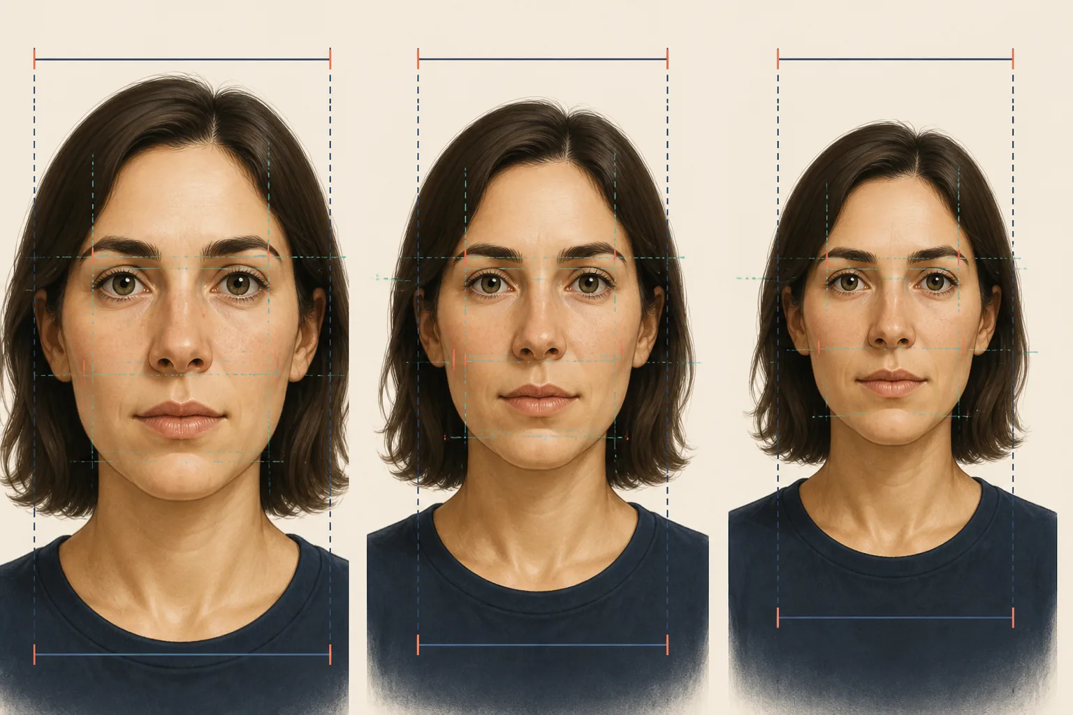 Three illustrated portraits comparing close, neutral, and farther camera perspectives with facial guide lines