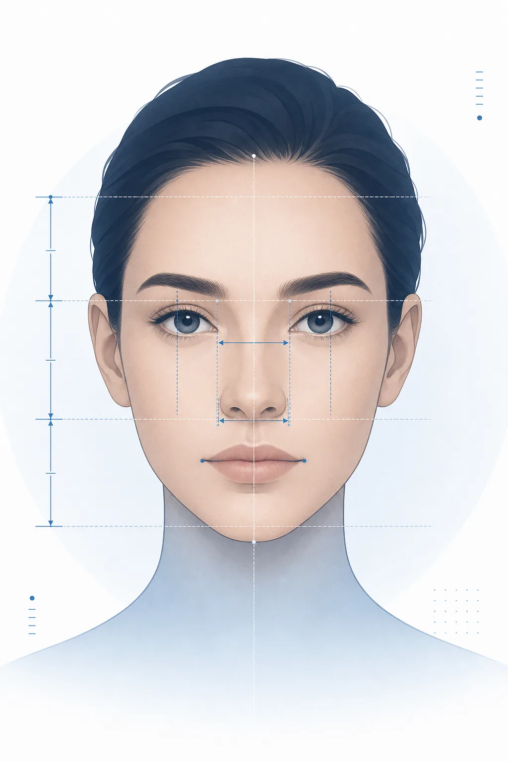 Editorial face proportions diagram with guide lines for facial thirds, feature spacing, and face balance