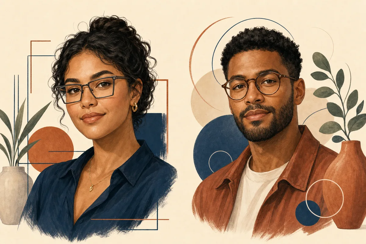 Editorial comparison of angular and rounded eyeglass frames on two different face shapes