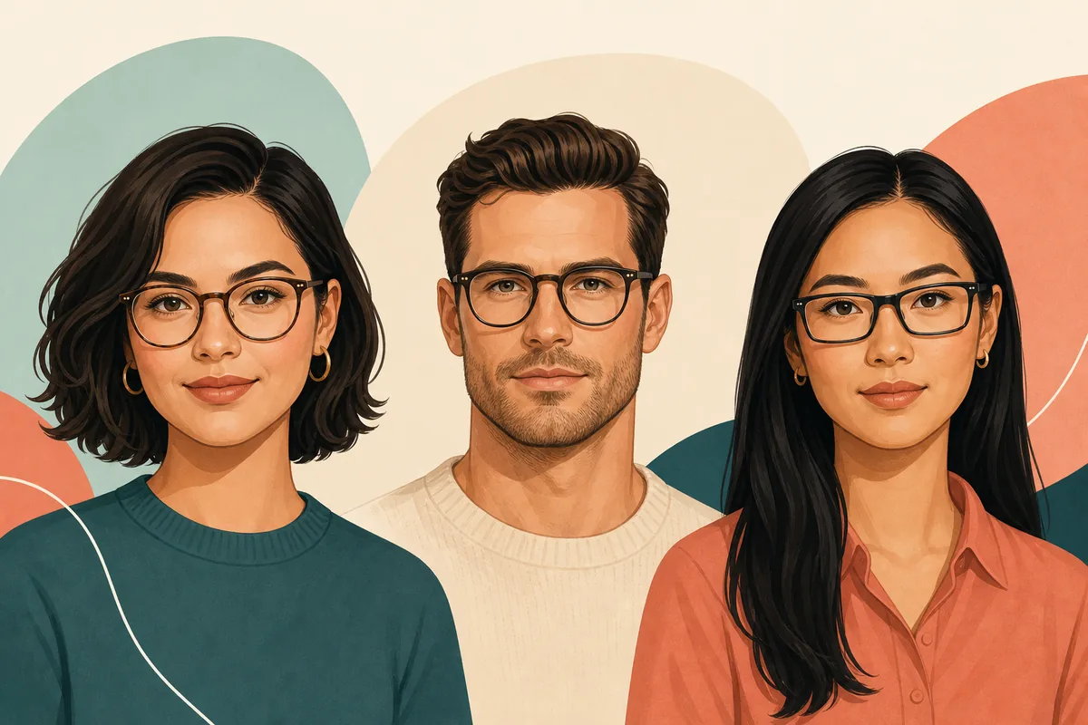 Three diverse portraits showing different eyeglass frame lines with different face shapes