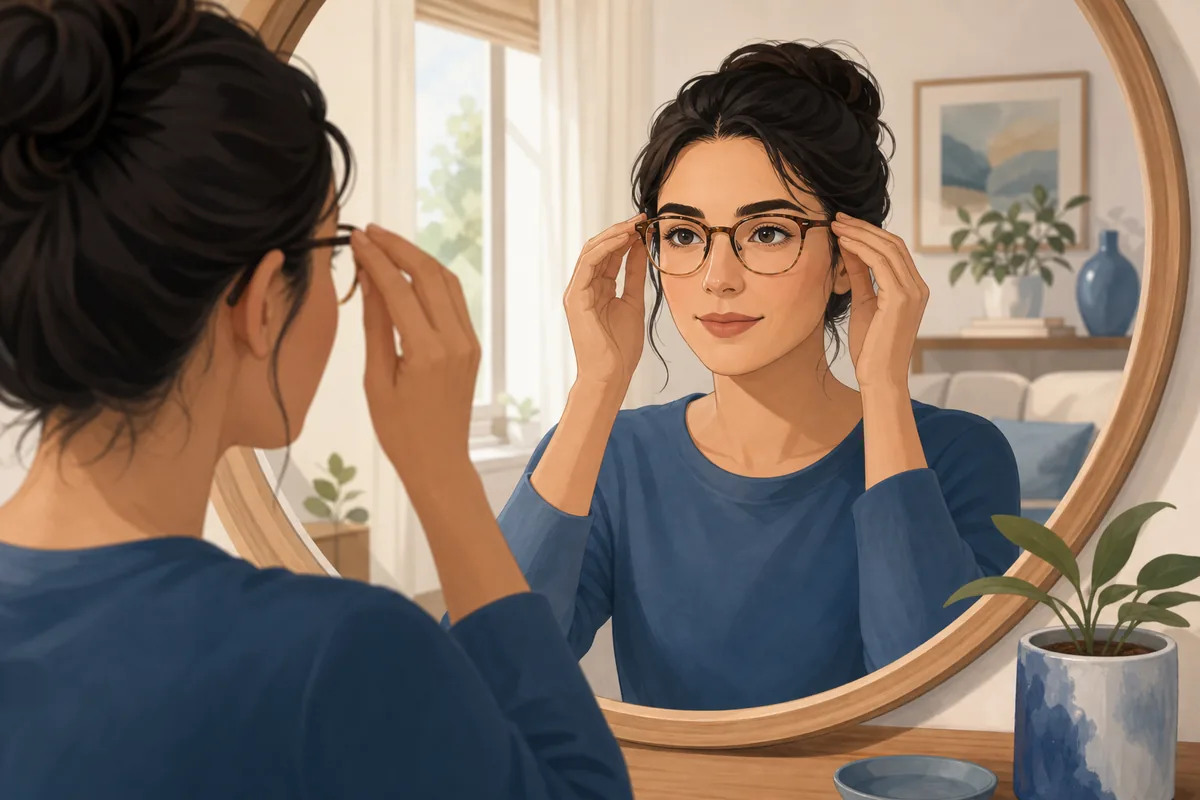 Person checking the bridge and temple fit of eyeglasses in a mirror