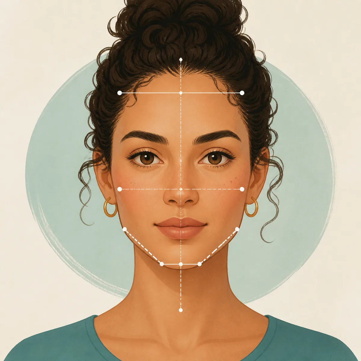 Editorial portrait with guide lines showing the main measurements used to find face shape