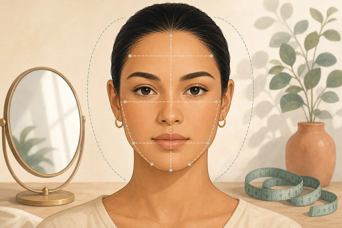 Editorial illustration of a front-facing portrait, mirror, and measuring tape for a face shape check