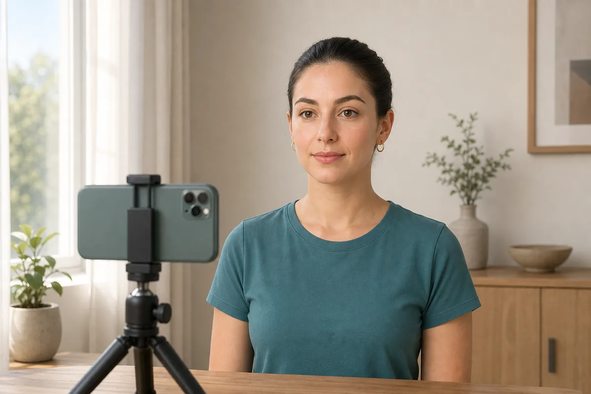 Person taking a straight-on face-shape photo with a phone on a tripod in soft window light