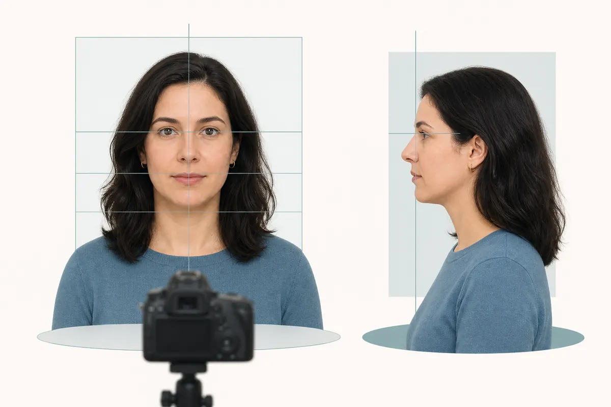 Neutral front and side portrait setup for consistent philtrum proportion photos