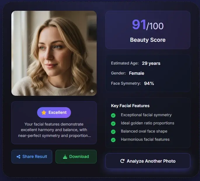 AI face analysis example - female with beauty score 91 and excellent facial harmony