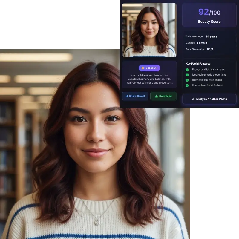 Comprehensive AI face analysis showing detailed facial features and beauty score for Asian female