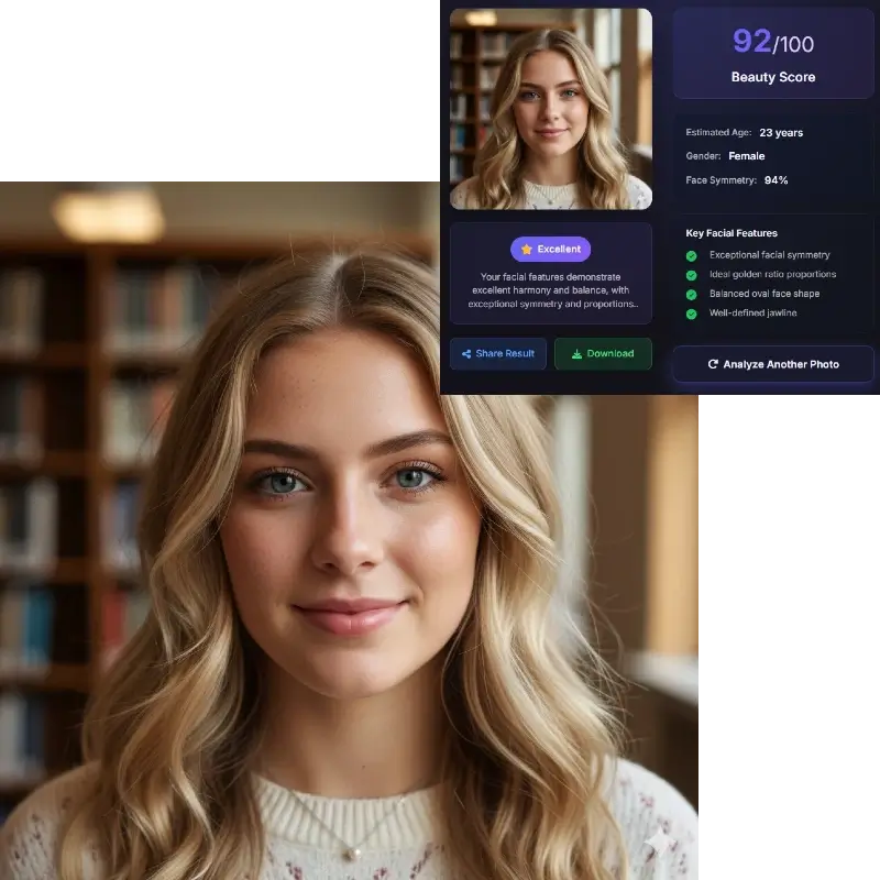 Free AI face analyzer providing instant results for blonde female with detailed facial analysis