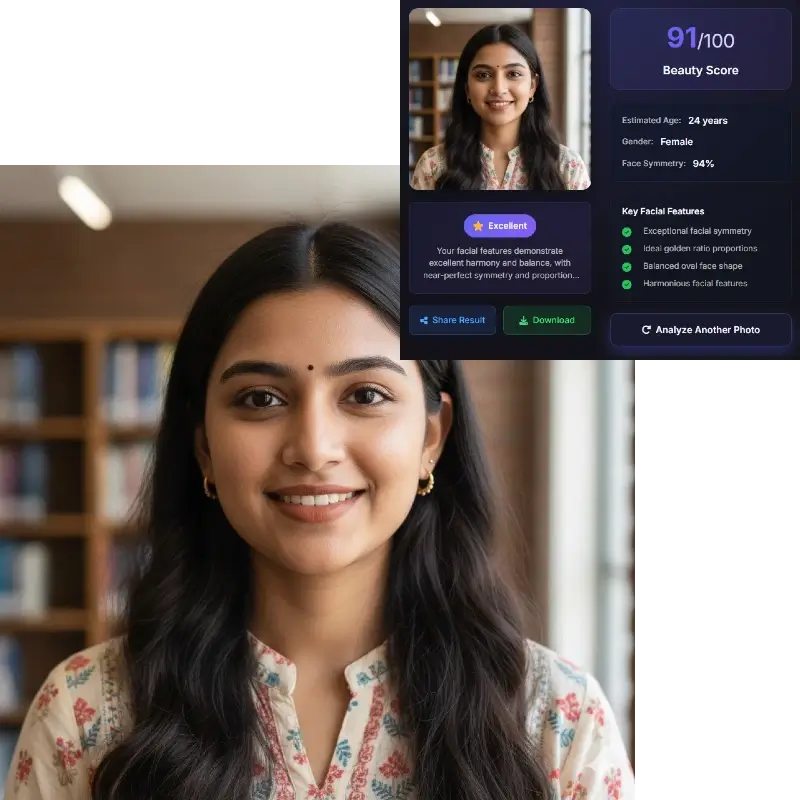 AI beauty scanner with age estimation and attractiveness score for Indian female profile