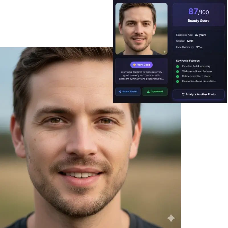 Male face symmetry test results with golden ratio analysis and facial balance scores